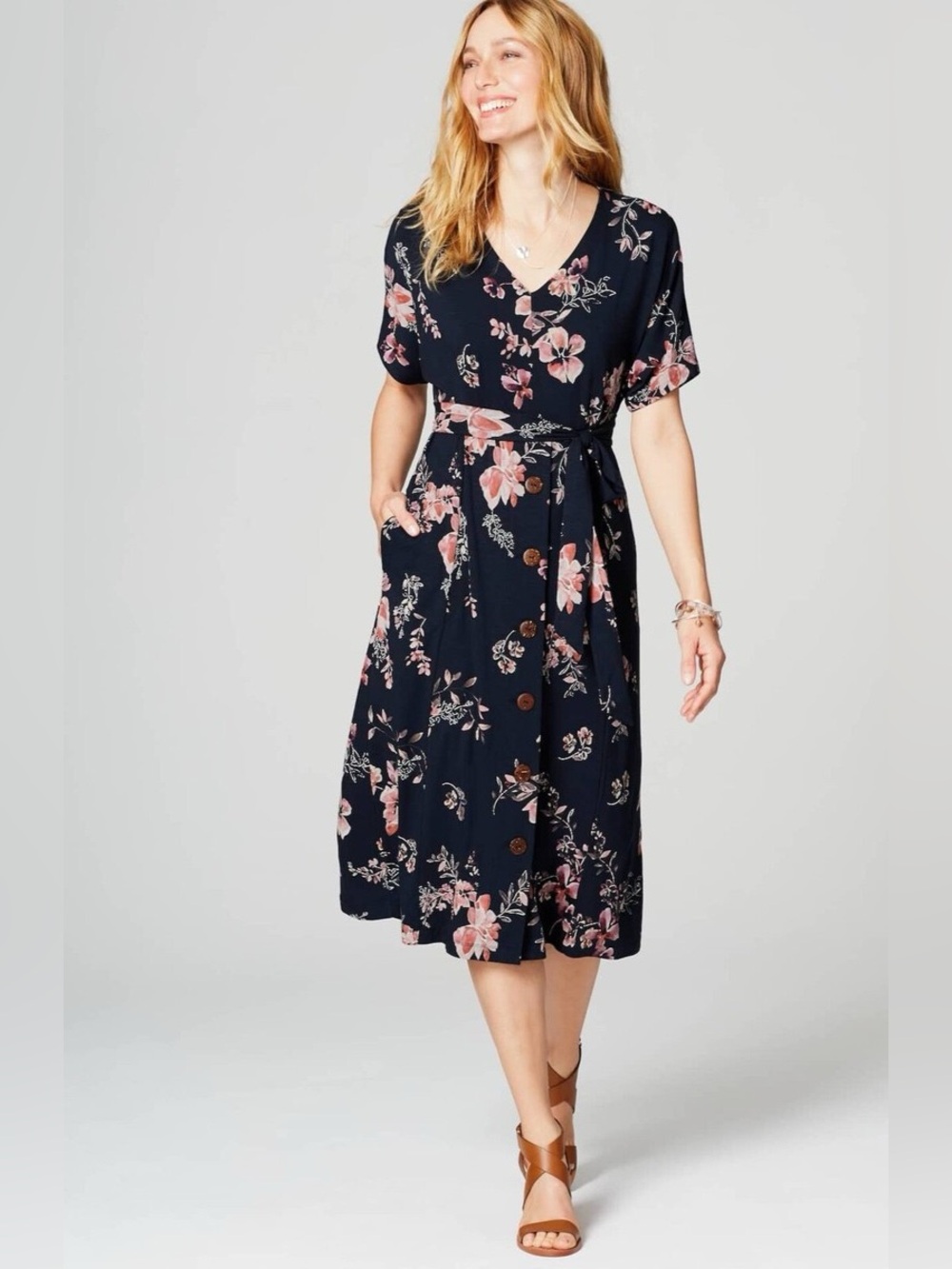 New without tags J. Jill Navy Midi Dress Floral Print tie waist X-Large petite